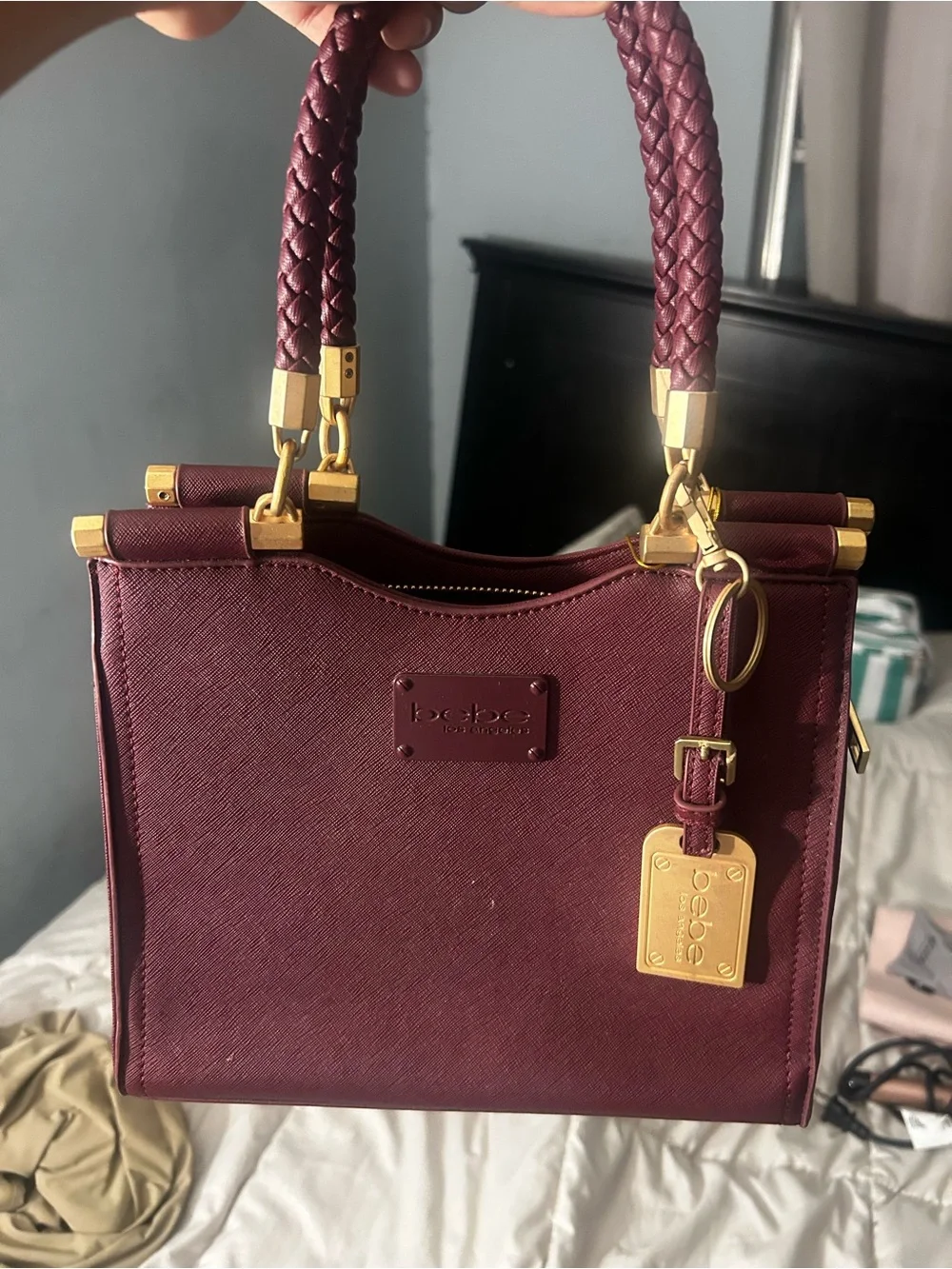 bebe Burgundy Braided-Handle Satchel with Gold Hardware
